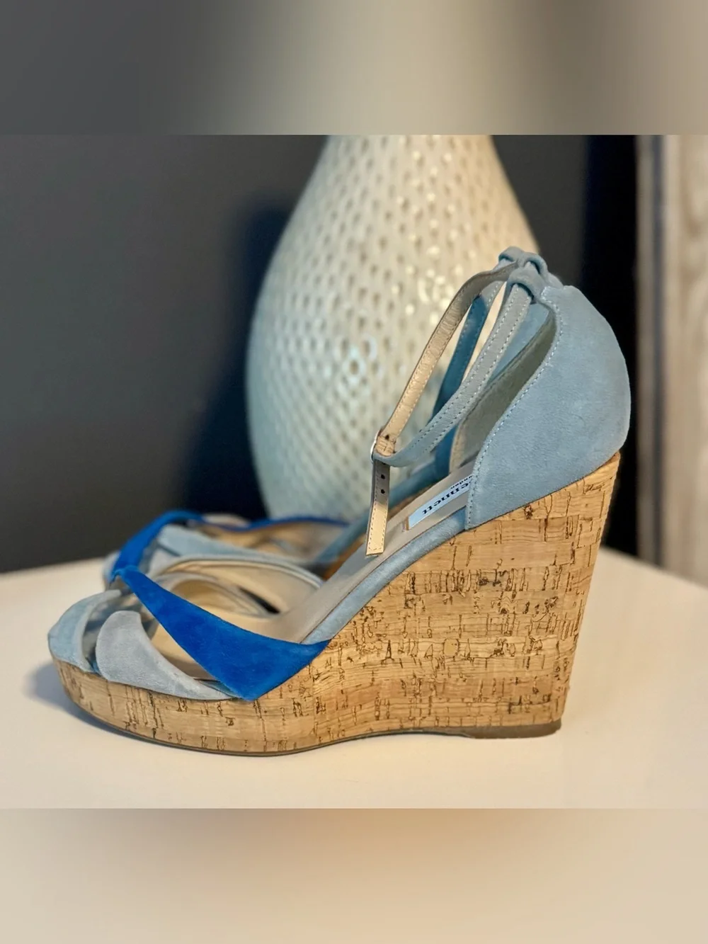 L.K. Bennett Suede Blue Strappy Wedge Sandal Shies. Brand New. Size 39.5 US 8